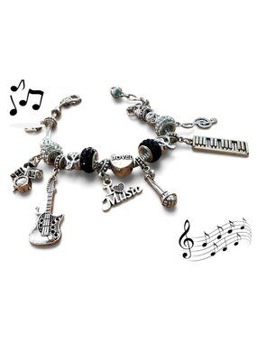 Musical Notes Charm Bracelet Musician Band Guitar Drums Microphone Rhinestones